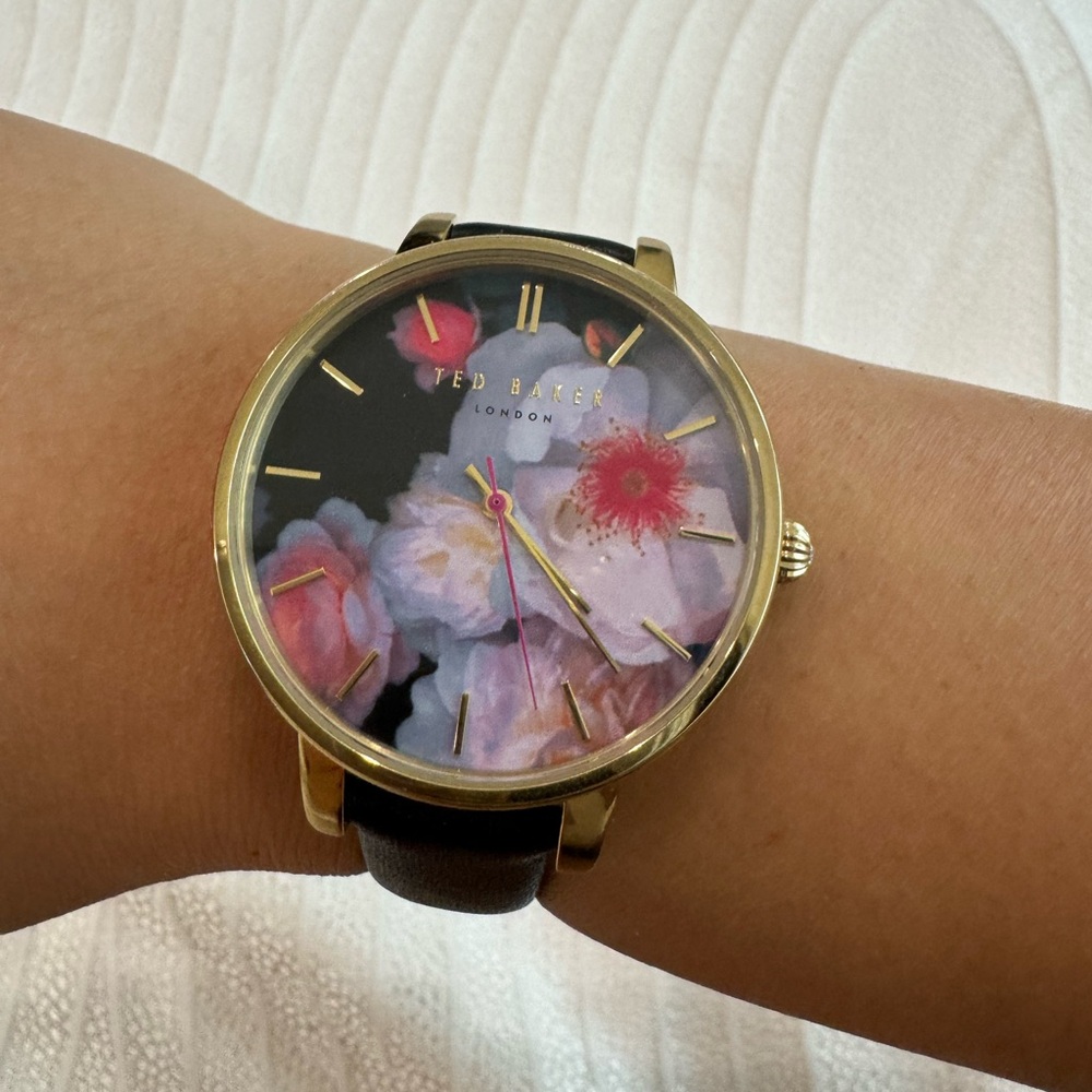 COPY - Ted Baker Gold Tone Watch with Floral Dial & Black Leather Band